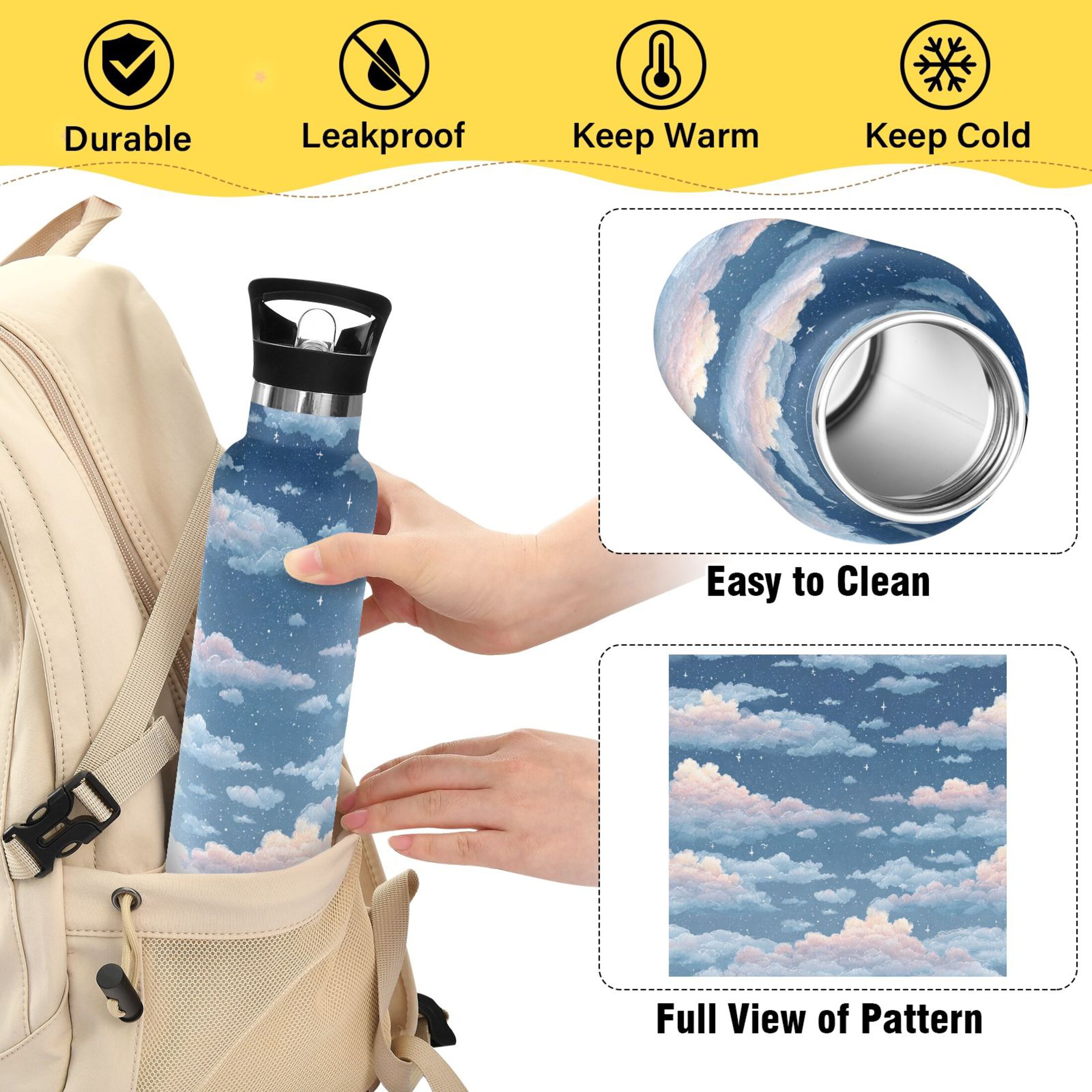 600ML Stainless Steel Insulated Cup Sports Water Bottle Portable Thermos Cup Water Glasses Insulated Tumblers Convenient and Durable Cartoon Beautiful Sky
