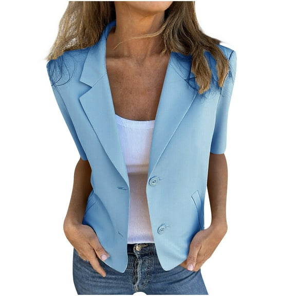 Womens Casual Blazers Open Front Short Sleeve Turndown Collar Solid Button Work Office Blazer Tops