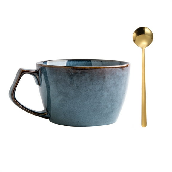Jademall Large Soup Bowl with Handle & Spoon, 650ml Ceramic Cereal Breakfast Cup, 22oz Coffee Mug, Dishwasher and Microwave Safe, Suitable for Cappuccino, Milk Desserts, Oatmeal, Salad - Blue