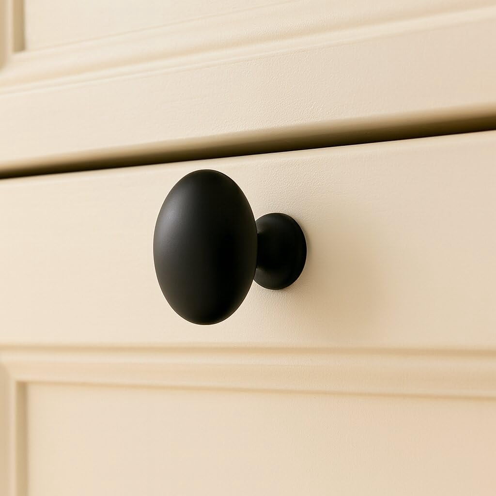 ABCISI 10 Pack Oval Cabinet Knobs, Furniture Cupboard Pulls, Modern Single Hole Hardware for Kitchen Cabinet, Dresser, Wardrobe Drawer, Matte Black