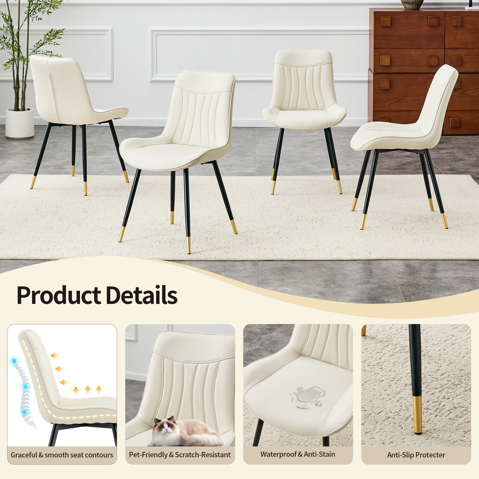 Leumius Dining Chairs Set of 2, Tech Fabric Upholstered Dining Chairs with Semi-Gloss Black Metal Legs, Gold-Trimmed Adjustable Non-Slip Feet, Vertical-Stitched High Back for Dining Room White