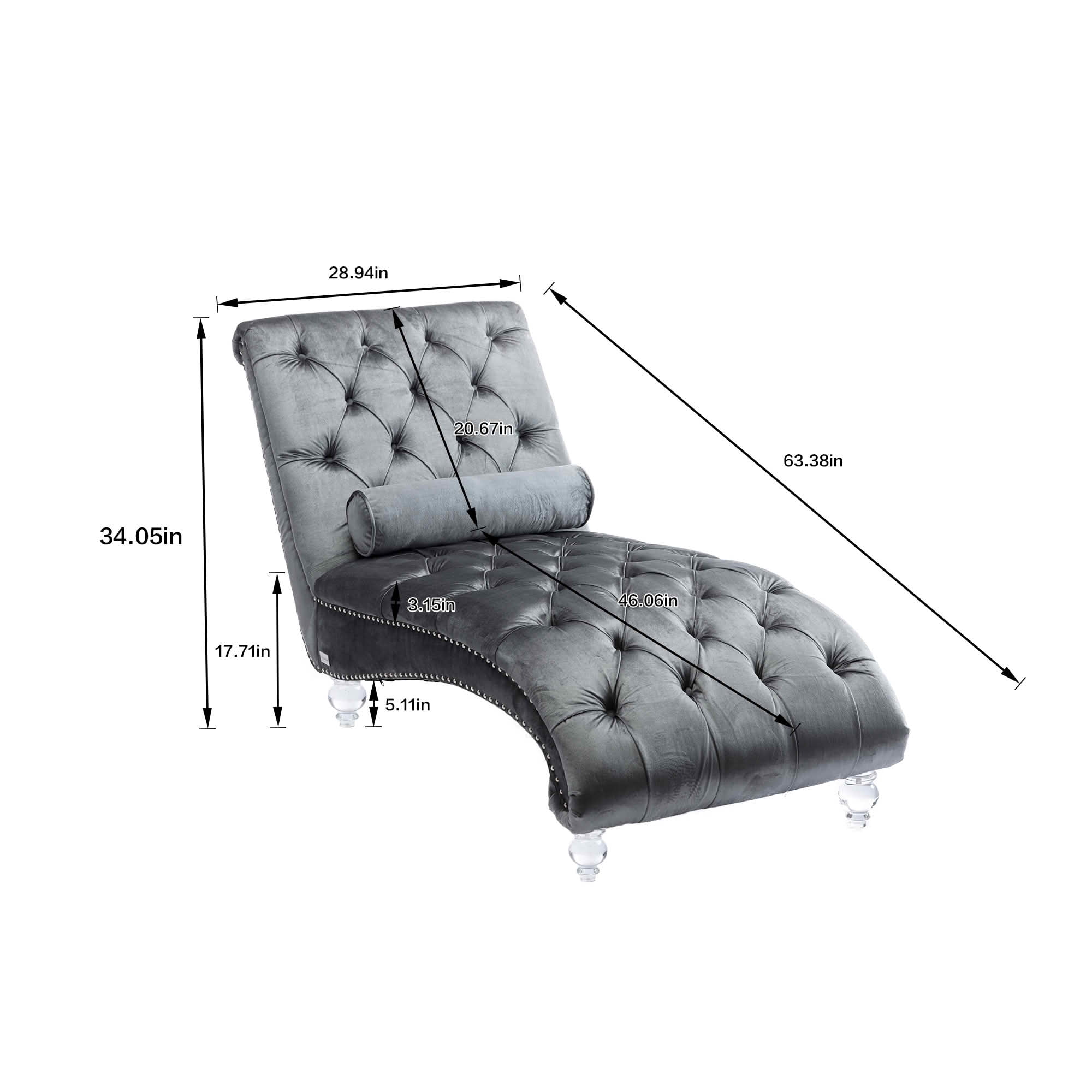 MAYEERTY Velvet Button Tufted Chaise Lounge with Pillow, Ergonomic S-Shape Indoor Lounge Chair with Wood Frame Acrylic Legs for Bedroom Living Room Office