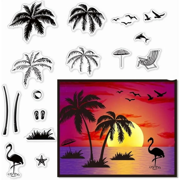 Palm Trees Clear Stamps for Card Making Decoration Scrapbooking Flamingos Silicone Rubber Stamp for Greeting Cards Photo Album Diary Decor DIY Craft diy