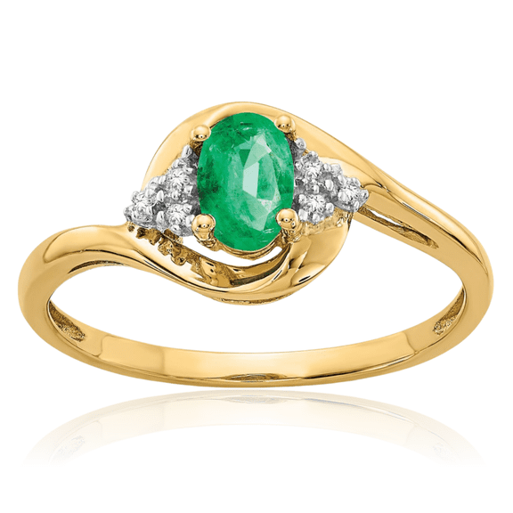 14K Solid Yellow Gold Green Emerald Diamond Ring Gemstone Band May Birthstone Jewelry