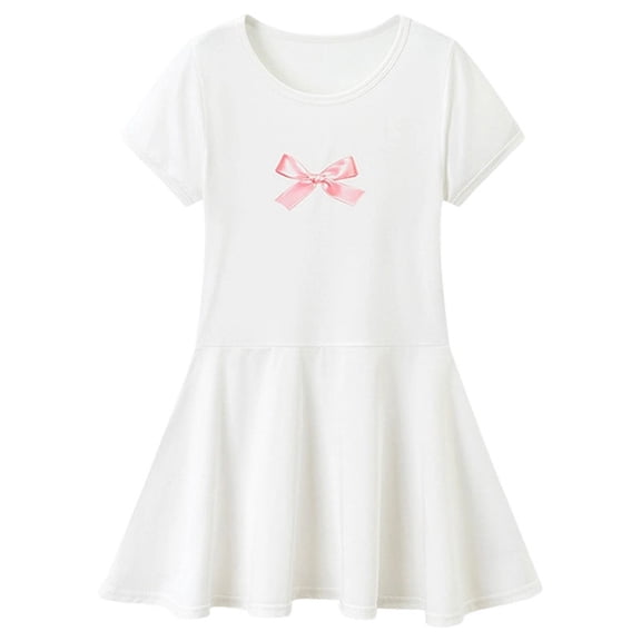 Mnyotv Short Sleeve Summer Dresses for Girls Casual Bow Printed A-Line Dress Kids Girl Summer Outfits Size 2-3Y