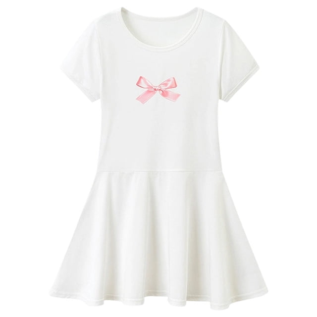 vigerkar Robes pour Petites Filles Coton Été Vacances Mignonne Robe Chat Manches Courtes (Blanc, 8-9 Ans)