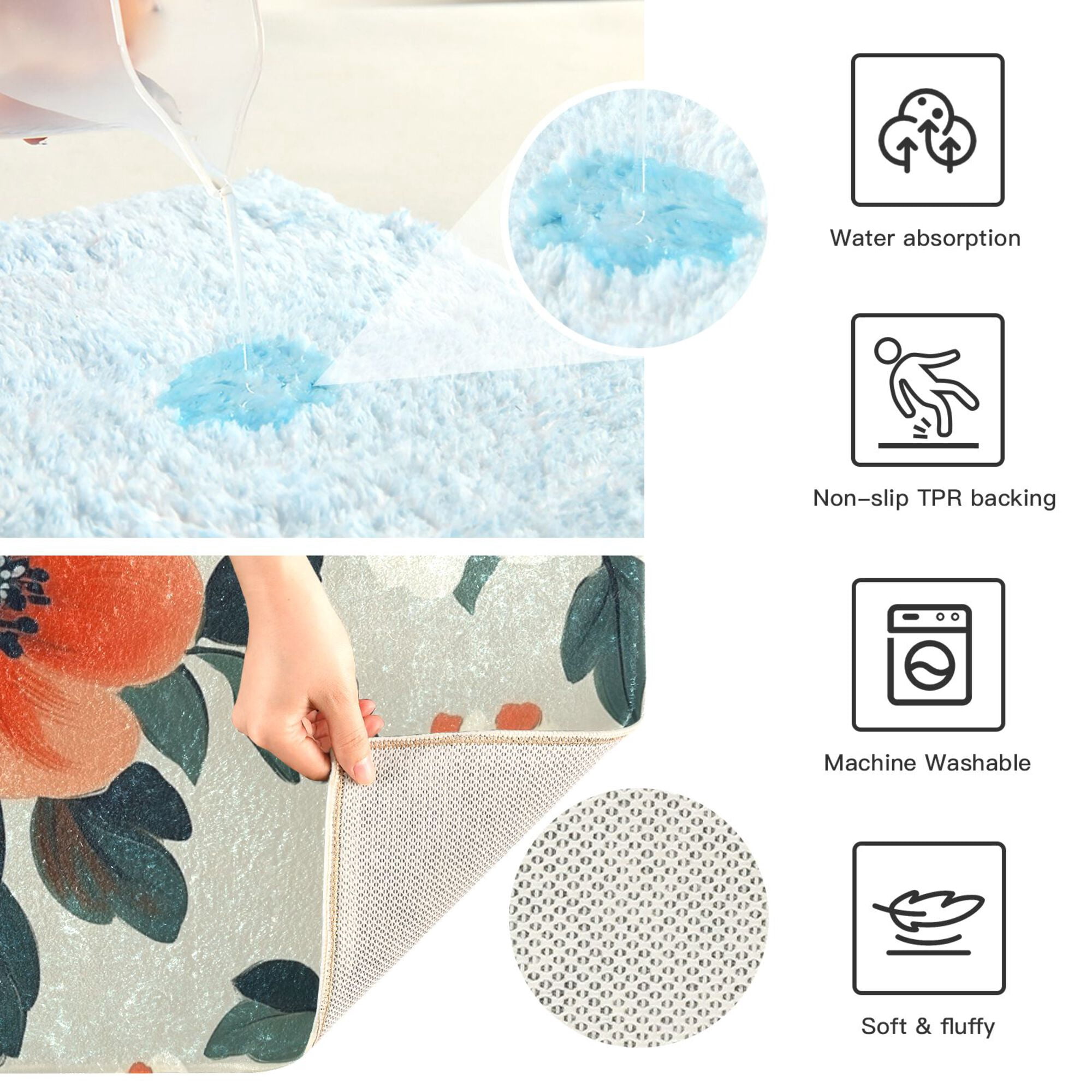Yayeee Bath Rugs for Bathroom Floor Set of 2 Non Slip Fluffy Soft Absorbent Mat, Large Red Floral Pattern