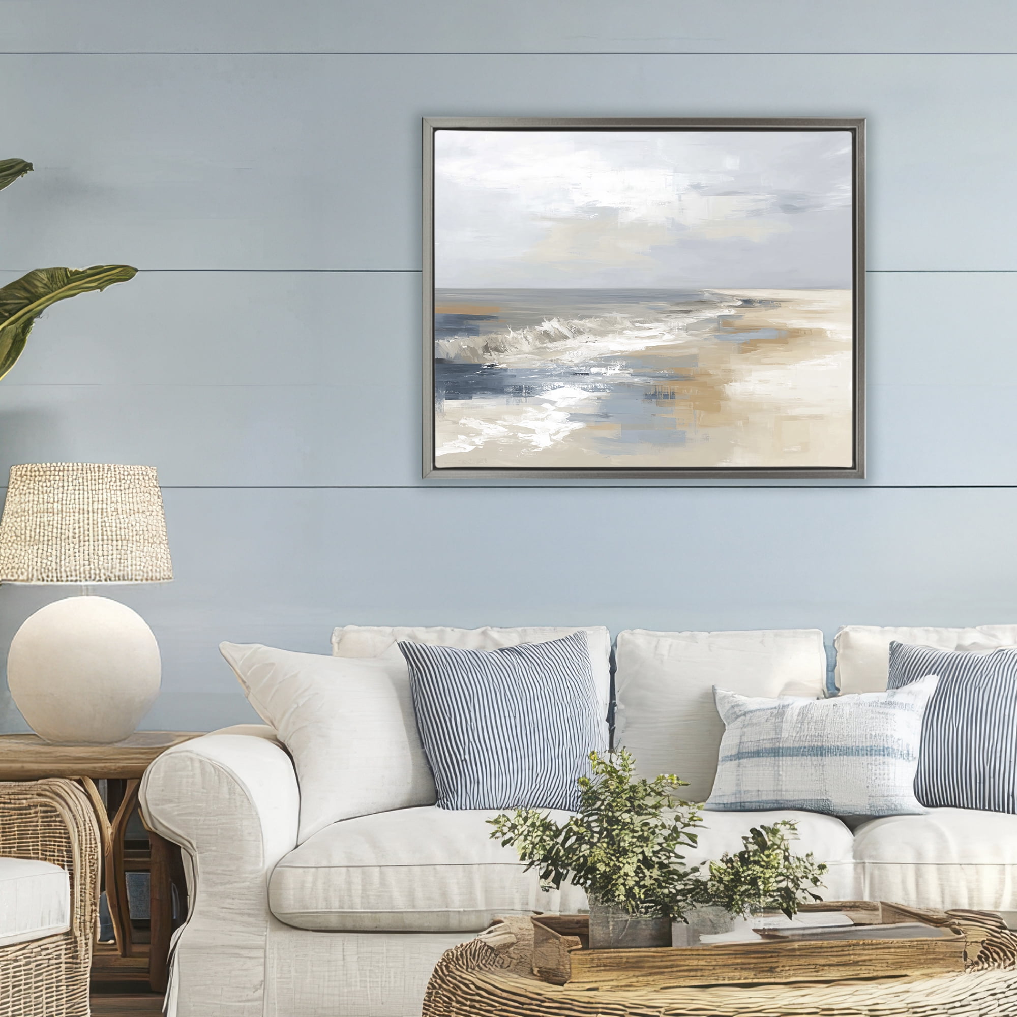 Stupell Industries Tranquil Beach in Neutrals Gray Framed Floater Canvas Wall Art, design by Kim Curinga