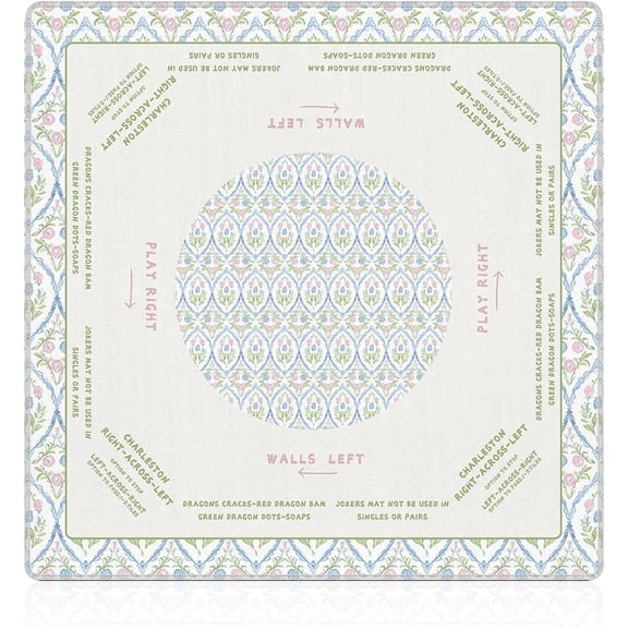 Grandmillennial Pink and Blue Floral Mahjong Mat – 31.5x31.5 Inch Green Chinoiserie Non-Slip Noise Reduction Table Mat for American Mah Jong, Poker, Board Games, Card Games & Dominoes