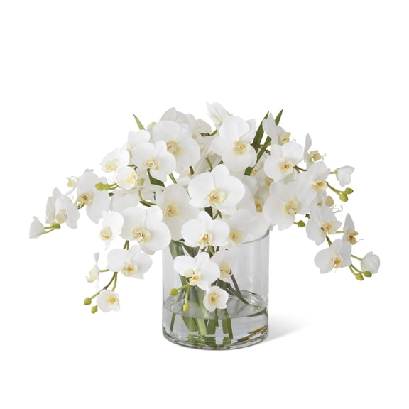 K&K Interiors 16" Real Touch White Orchid Flower Arrangement in Faux Water Glass Vase
