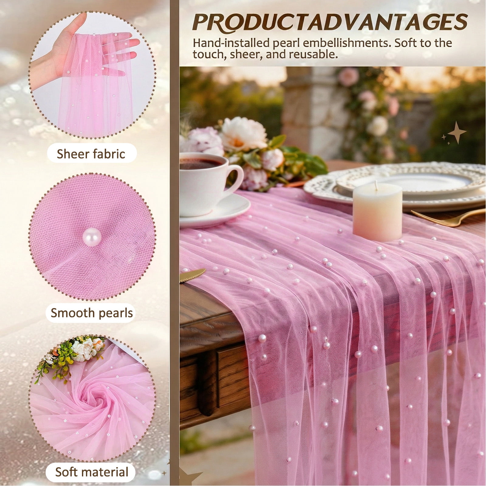 3PCS Pearl Gauze Table Runner 10FT Sheer Tablecloth Elegant Dining Table Decor for Home Party Holiday Wedding,33 x 124 Inches
