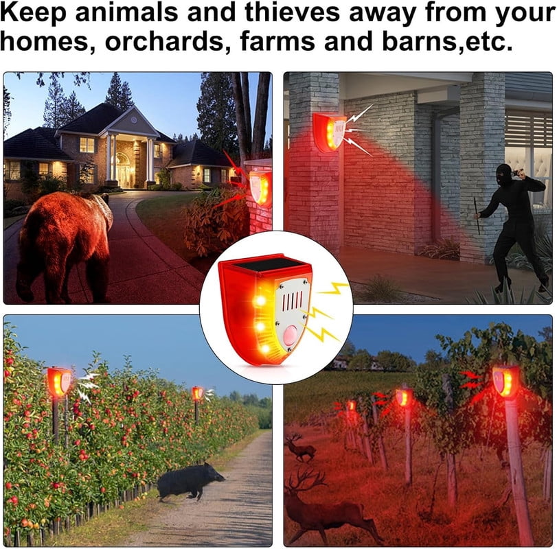 Solar Alarm Motion Detector with Sound Outdoor Motion Sensor 129db Barking Dog Strobe Light Gunshot Sound Alarm Detector Noise Maker Warning Lamp for Home Villa Yard Farm