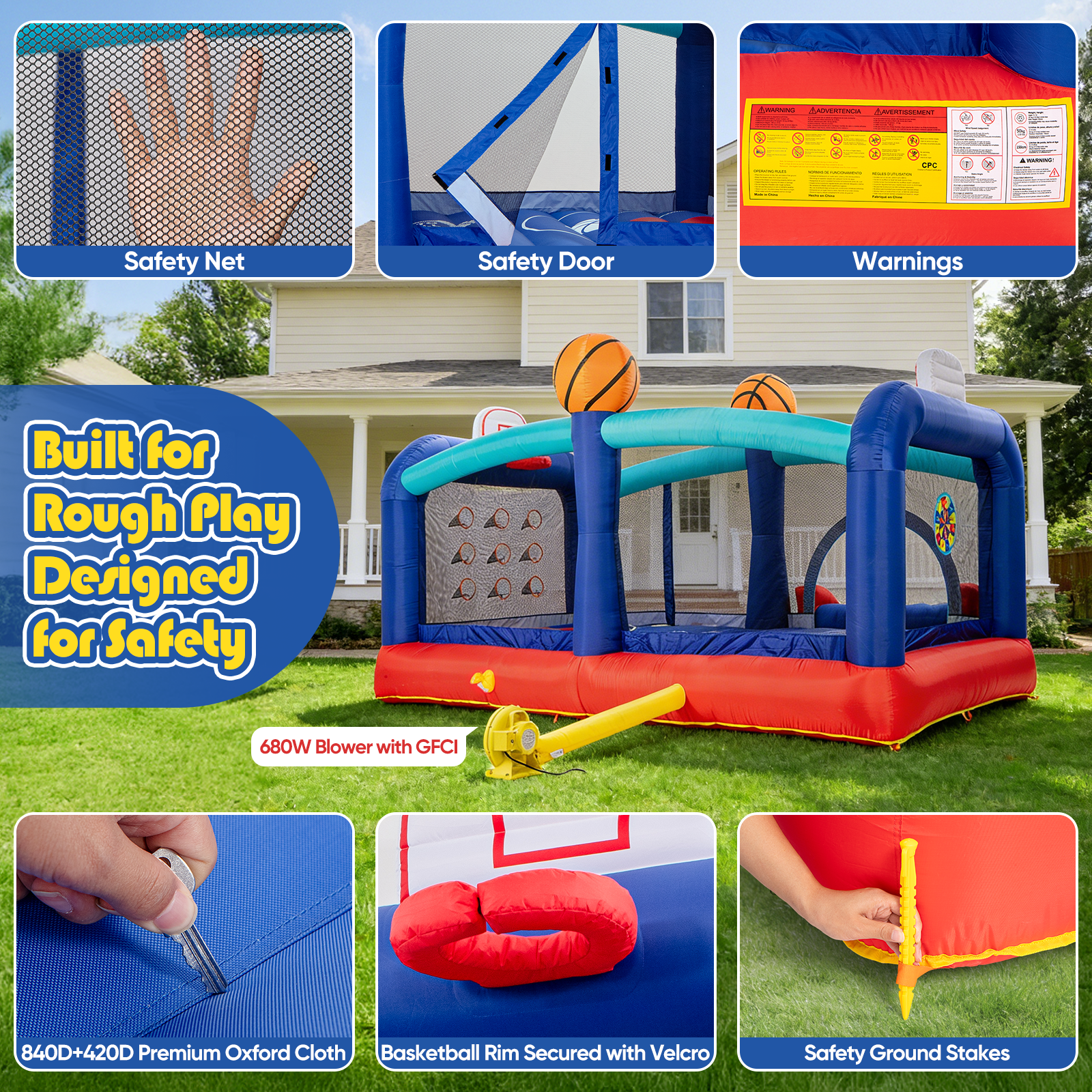 Toiyjofe Large Bounce House for Big Kids 8-12, Basketball Inflatable Bouncer with Slide for Outdoor Party, 16 x 13 FT, GFCI Blower Included