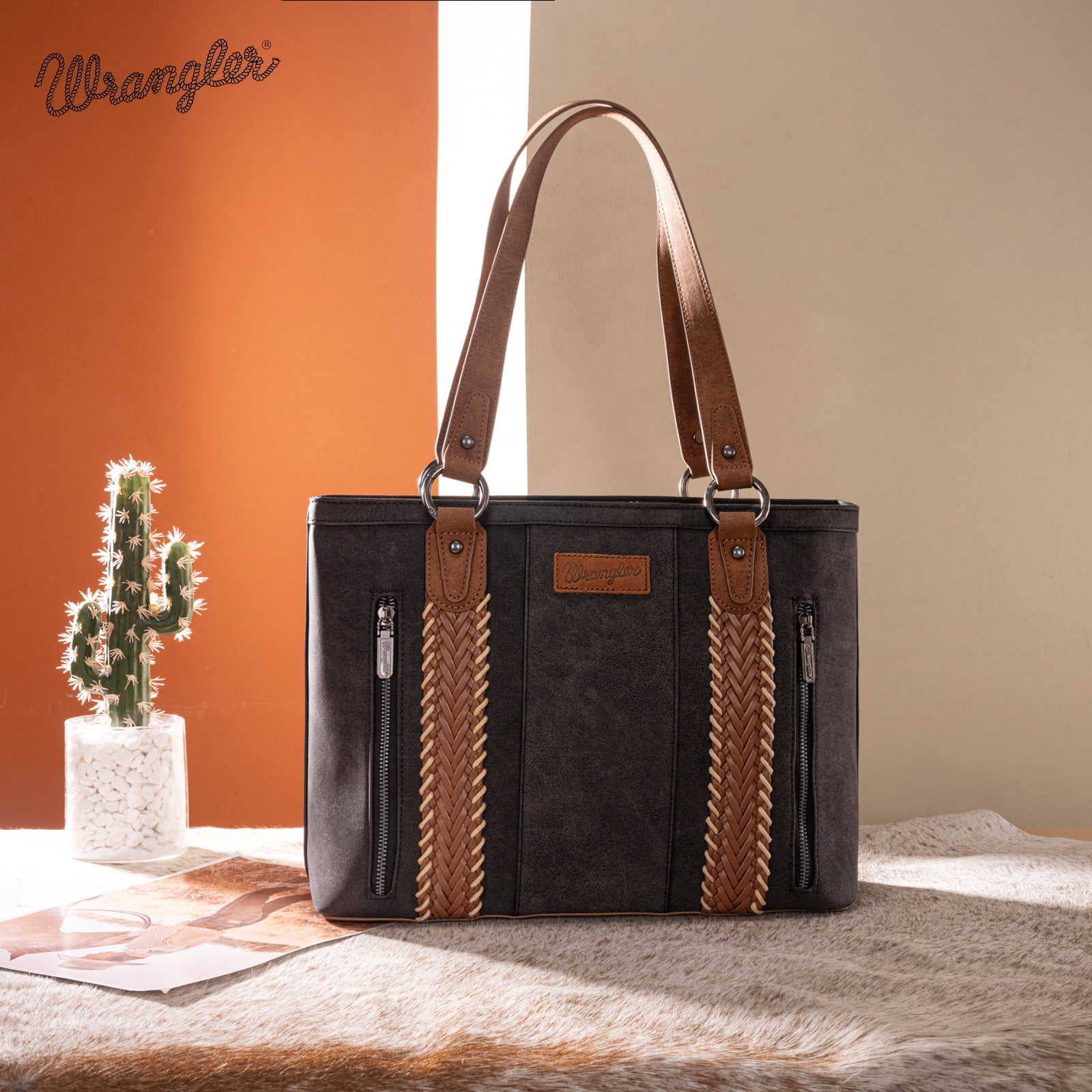 Wrangler Distressed Tote Bag for Women Western Purse Multi Pockets Handbags and Shoulder Bag, Black
