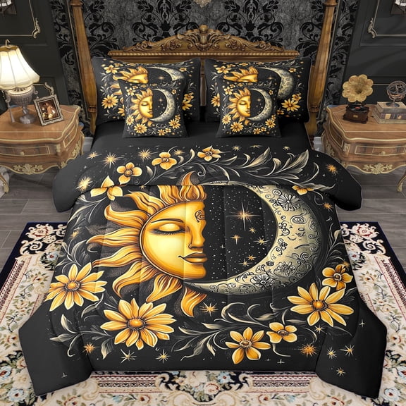Homewish Bohemain Sun Moon 7-Piece Twin Bedding Sets,Rustic Western Boho Bedding Comforter Set,Gold Flower Floral Sheet Sets For Adults,Microfiber Bedroom Decor Reversible