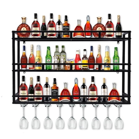 59in Metal Wine Rack Wall Mounted Wall Bar Shelves for Liquor Bottles with LED Light 3 Tier Large Capacity Liquor Rack Wall Mounted with Glass Holder for Home Bar & Dining Room