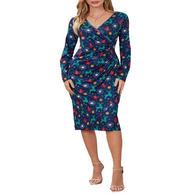 PENGXIANG - Robe Imprimée à Motif Cartoon pour Femme avec Manches Longues et Col en V, Parfaite pour Noël
