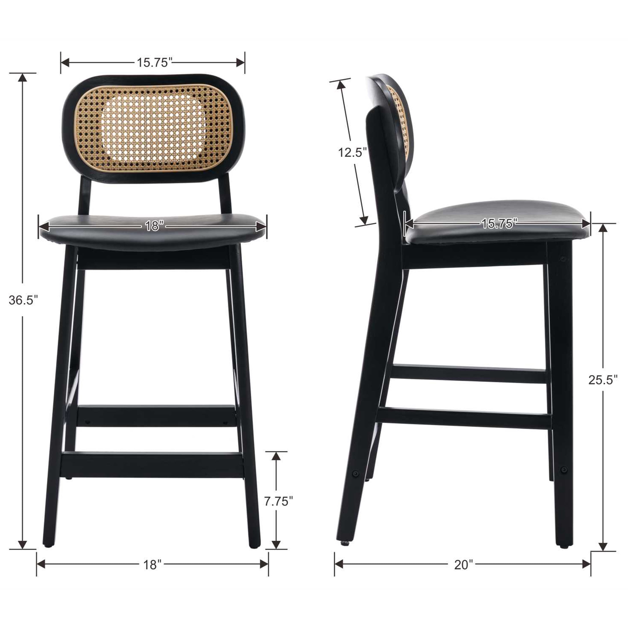 Guyou Rattan Counter Height Bar Stools Set of 2, Mid-Century Modern Wooden Farmhouse Bar Stools, Faux Leather Upholstered Kitchen Island Barstools for Breakfast Bar Bistro, Black