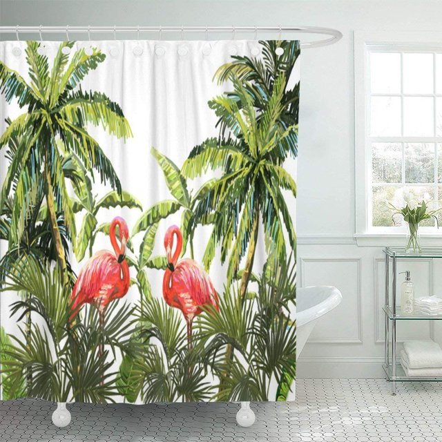 ABPHQTO Hermoso patrón floral de verano con palmeras tropicales Flamingo Banana Cortina de ducha de poliéster perfecta Decoración de baño 160x180 cm