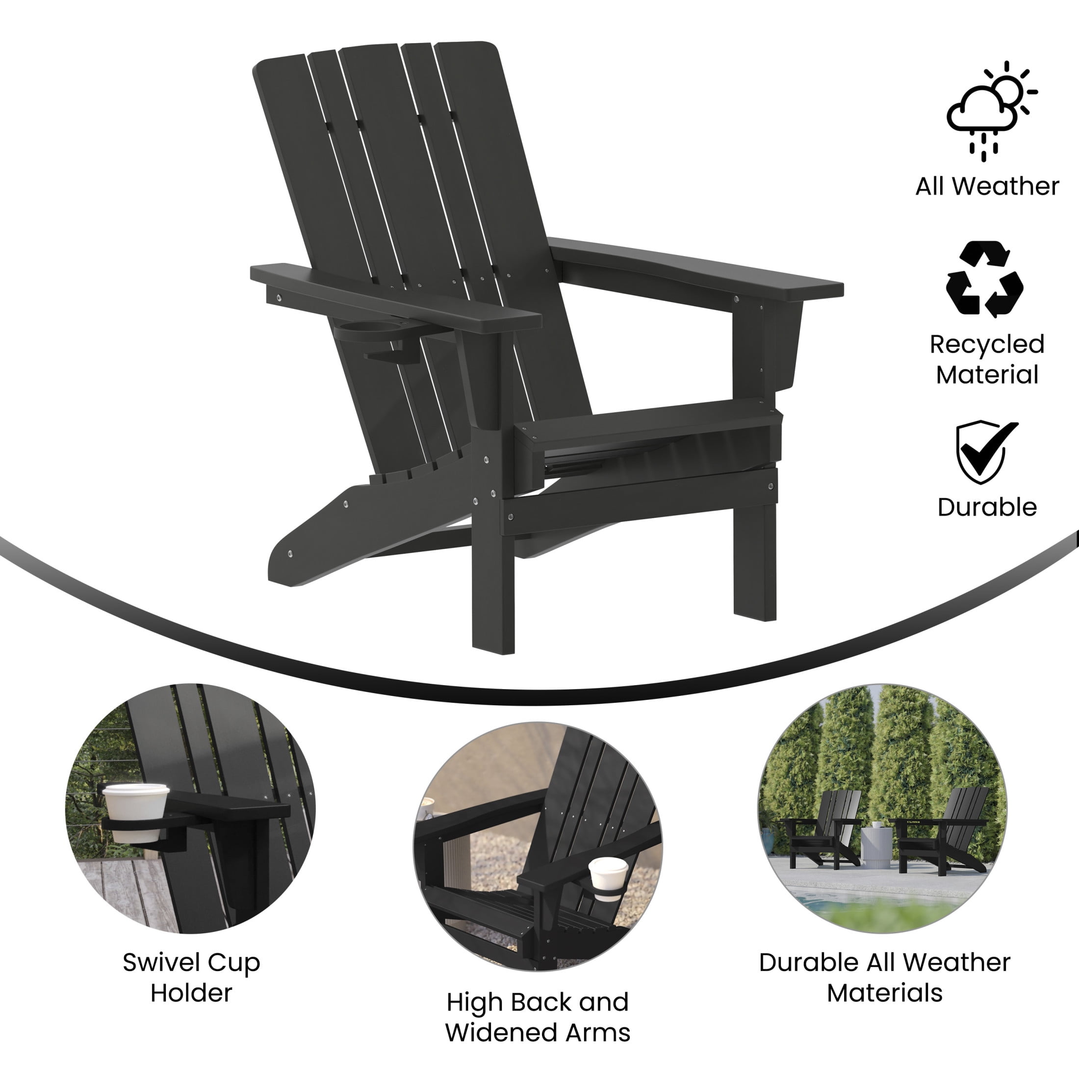 BizChair Adirondack Chair with Cup Holder, Weather Resistant HDPE Adirondack Chair in Black