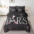 thumbnail image 2 of Homewish Paris Eiffel Tower Bedding Comforter Set 7 Pieces, Romantic Bling Stars Flower Full Bedding Set, Black Pink Fashion Reversible Fitted Sheet Flat Sheet, Super Cozy Room Decor, 2 of 7