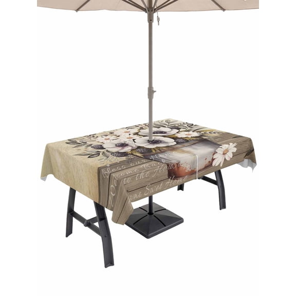 Outdoor Tablecloth with Umbrella Hole and Zipper, Farmhouse Flowers Rectangle Table Cloth 60x120 Inch Waterproof Tablecloth, Retro Floral Leaves Country Wood Board Picnic Table Cover for Patio