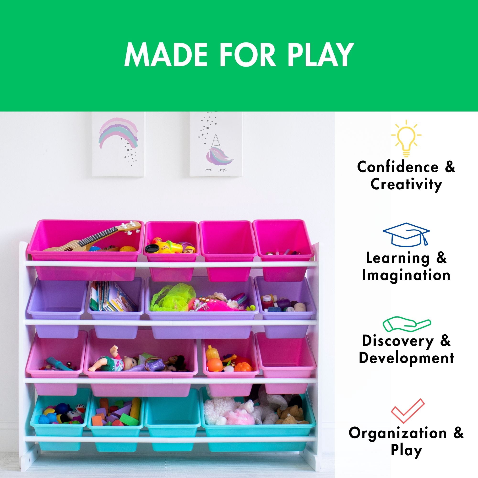 Humble Crew Storage Organizer with 16 Plastic Bins for Kids & Toddlers, White/Blue/Pink/Purple