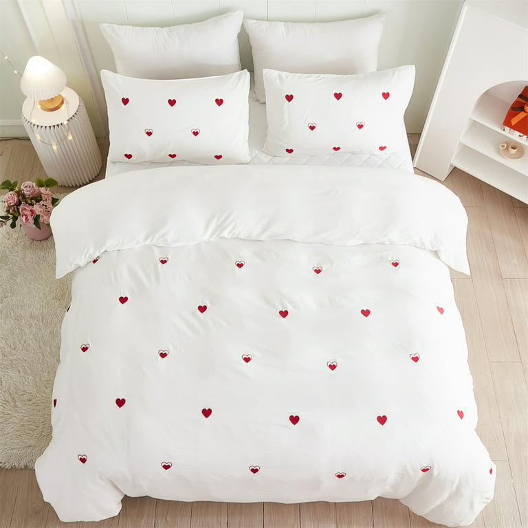 Fitted Bed Sheet with Pillowcase Red Heart Printed White Color Drap  180x200cm