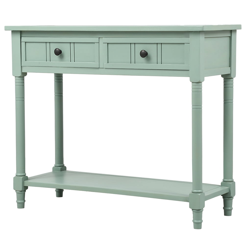 Kepooman Acacia Console Table with Two Drawers and Bottom Shelf, Traditional Design Sofa Side Table for Living Room Bedroom, Retro blue Kepooman Acacia Console Table with Two Drawers and Bottom Shelf, Traditional Design Sofa Side Table for Living Room Bedroom, Retro blue
