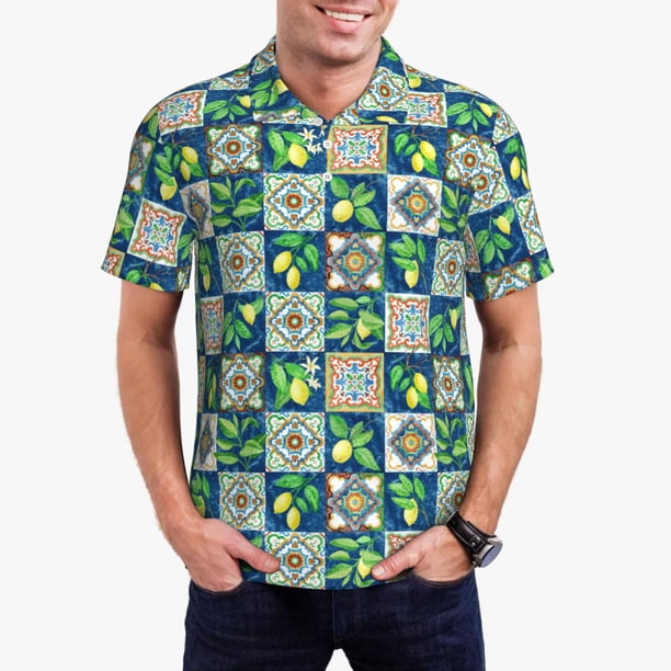 Balery Lemon and Leaves Camisa Polo de Hombre con Estampado, de Manga Corta y Tejido Medio, Camisa Tipo Golf Polo-X-Large