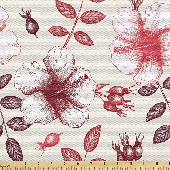 Floral Fabric by the Yard Upholstery, Floral Theme Plants Hibiscus and Dog Rose Pattern in Pinkish Colors, Decorative Fabric for DIY and Home Accents, Multicolor by Ambesonne