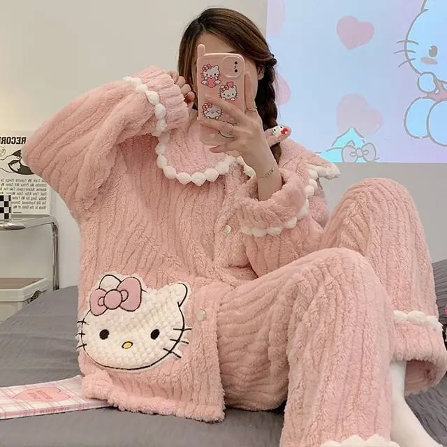 Kawaii Sanrio Pajama Sets Winter Coral Fleece Hello Kitty Pink Pajamas Pass Cute Pajamas for Women Casual Loungewear White