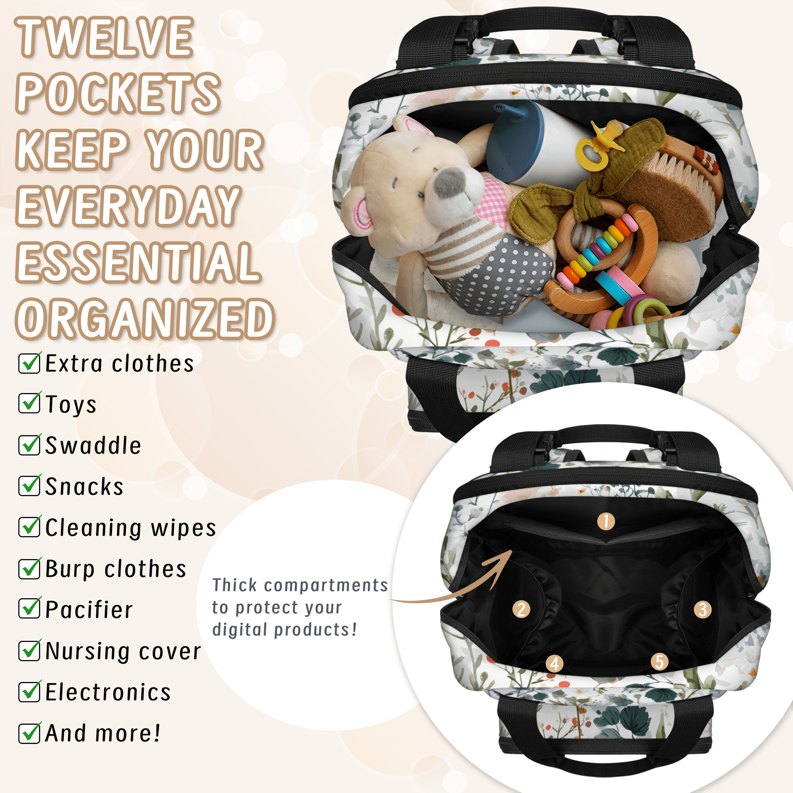 Floral Print Diaper Bag Backpack, Multifunction Baby Travel Backpacks with USB Port, Insulated Pocket, Stroller Straps