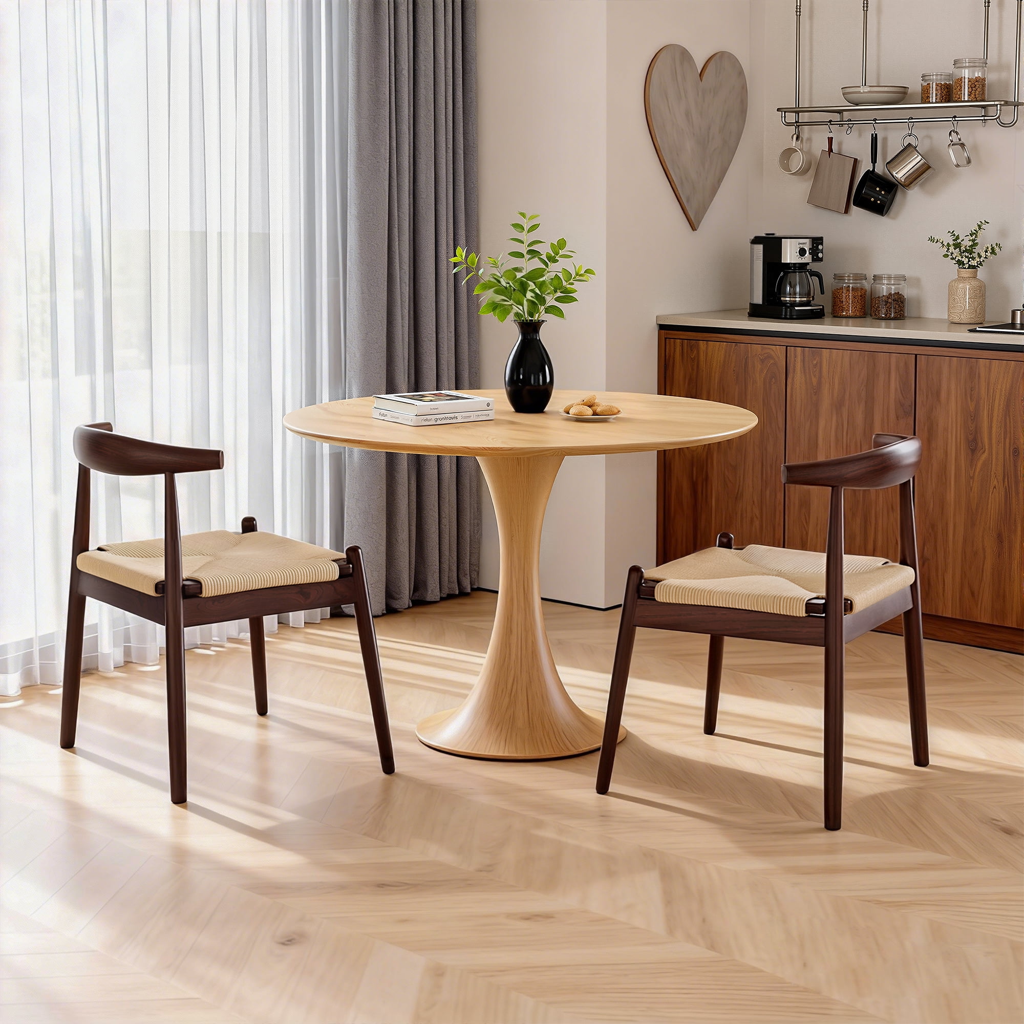 MAYEERTY Set of 2 Modern Dining Chairs, Solid Wood Legs & Woven Rope for Dining Room, Light Amber-black