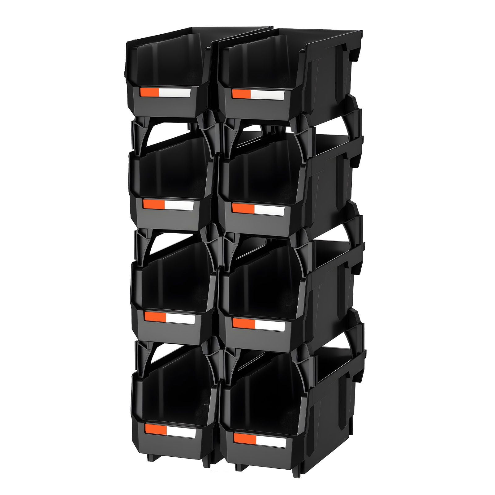 8-Pack Plastic Stackable Storage Bins 10.9"x5.5"x5.1", Black, PP Material, Front-Open Design, Label Stickers, for Closet Garage Office