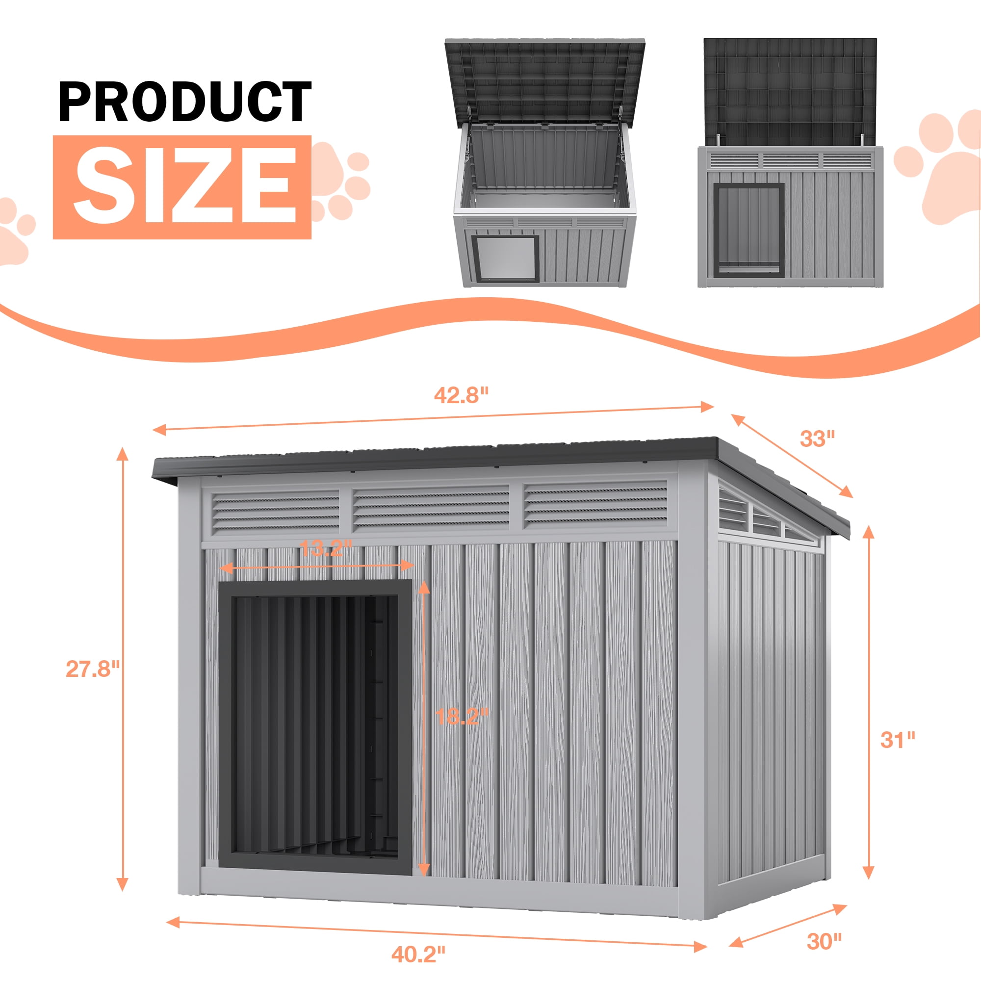 LHBcraft Waterproof Dog House,Indoor & Outdoor Dog Shelter with Ventilated Design & Removable Roof, PP Dog Kennel for Medium to Large Dogs,Gray,42.8" L x 33" W x 31" H