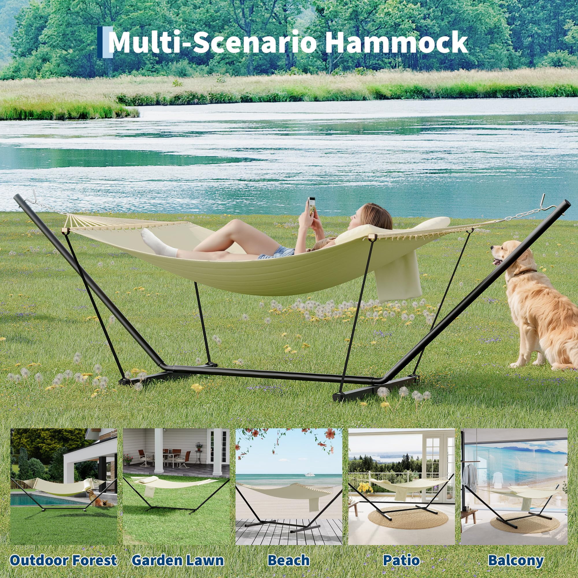 Double Hammock with Heavy Duty Adjustable Steel Stand,500lbs Portable Hammock for Patio Garden Beach Backyard，Easy Assembly