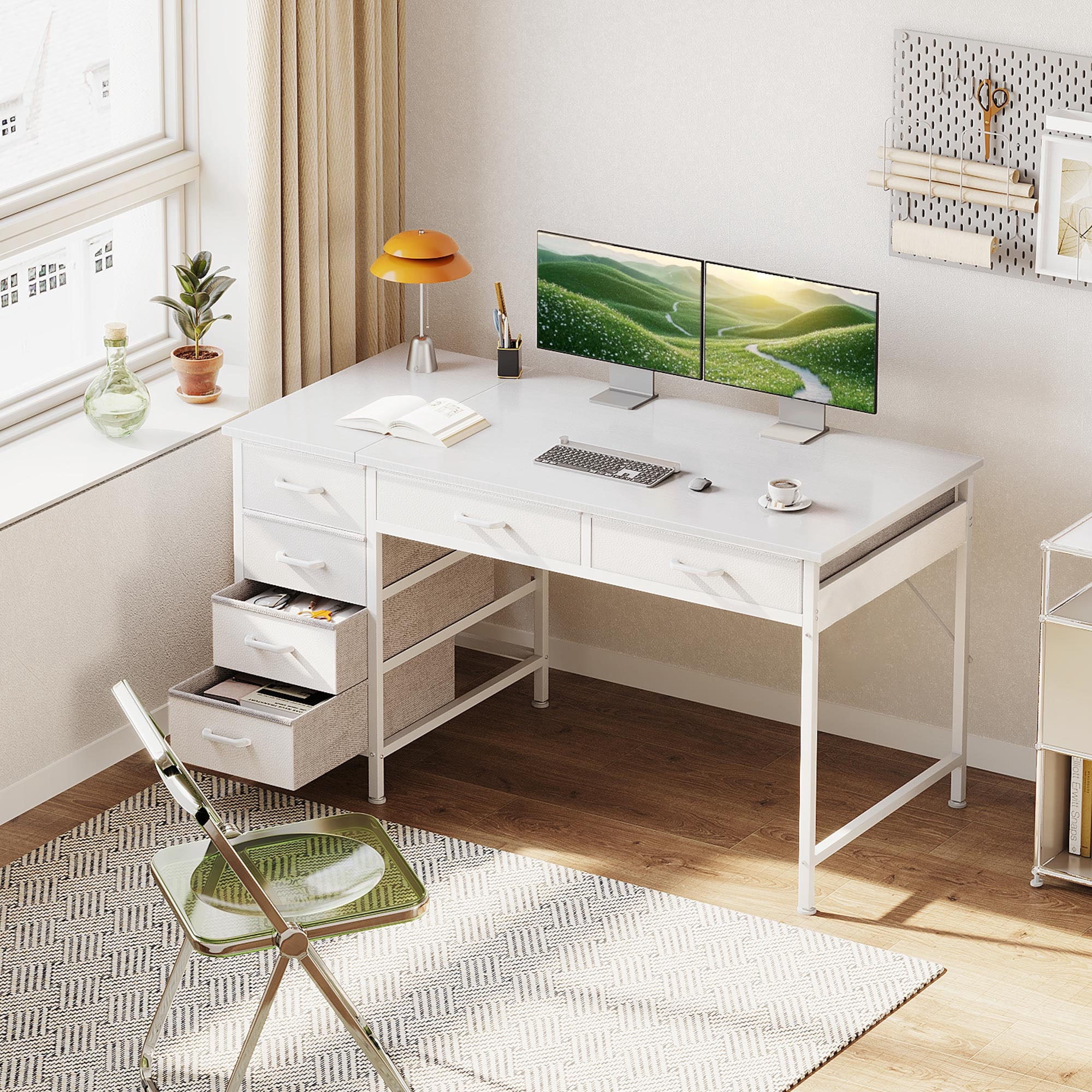 Casacomoda 48" Home Office Desk with 6 Drawers, Small Space Computer Desk with Reversible Storage, Corner Computer Desk, White