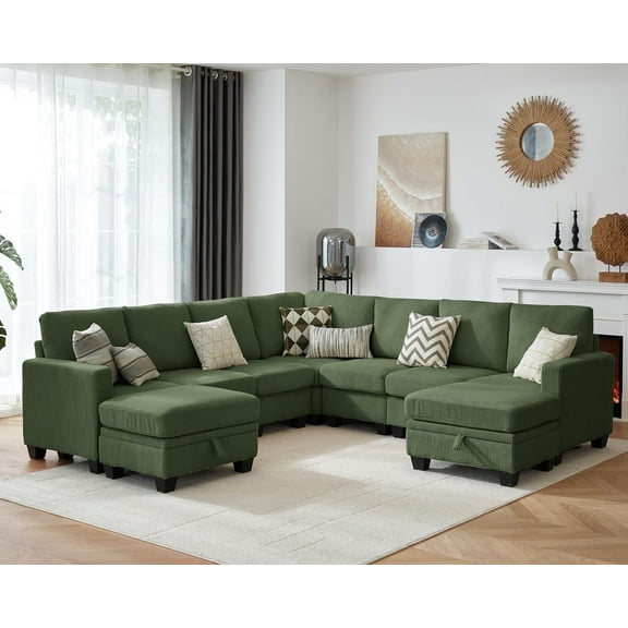 CHIC HOUSE 106" L Shaped Sectional Sofa with Storage Ottoman Chaise, Corduroy Sofa Convertible Sectional Couches for Living Room, 9 Seater Corner Modular Sofa with Deep Seat Throw Pillows, Green