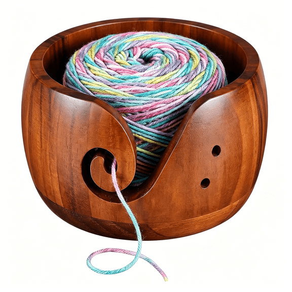 XIBUFE Wooden Yarn Bowl for Crocheting, Knitting Yarn Bowl with Holes Storage, Crochet Bowls for Yarn, Crochet Yarn Bowl for Crocheting and Knitting Lovers Gift(6" X 6" X 3")