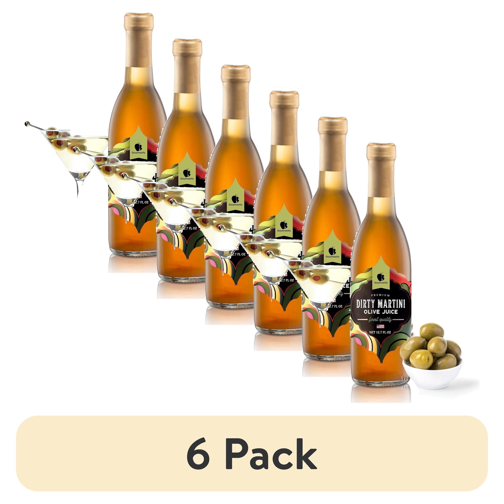 (6 pack) Gourmanity Olive Juice for Dirty Martinis Premium Olive Brine the Ideal Martini Mix Classic Cocktail Enhancer Perfect Addition to Your Home Bar 12oz Bottle (Pack of 1)