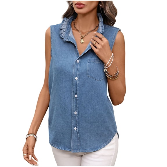 Levmjia Women Sleeveless Denim Shirt Vintage Ruffle Collar Button Up Pocket Casual Jean Vest Loose Fit Summer Top Solid Color Western Style