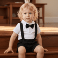thumbnail image 2 of Younger Tree Toddler Boy Formal Outfit Summer Short Sleeve Button T-Shirts Bowtie Suspender Shorts Suits Clothes Set for 12-18 Months, 2 of 9