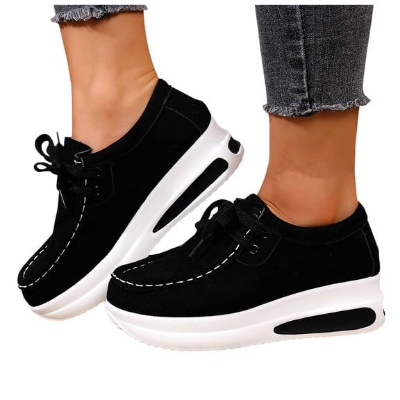 Rokment Womens Platform Wedge Fashion Sneakers Wide Width 2026 Spring Fall Suede Chunky High Heel Walking Non Slip Work Shoes Black Size 6.5