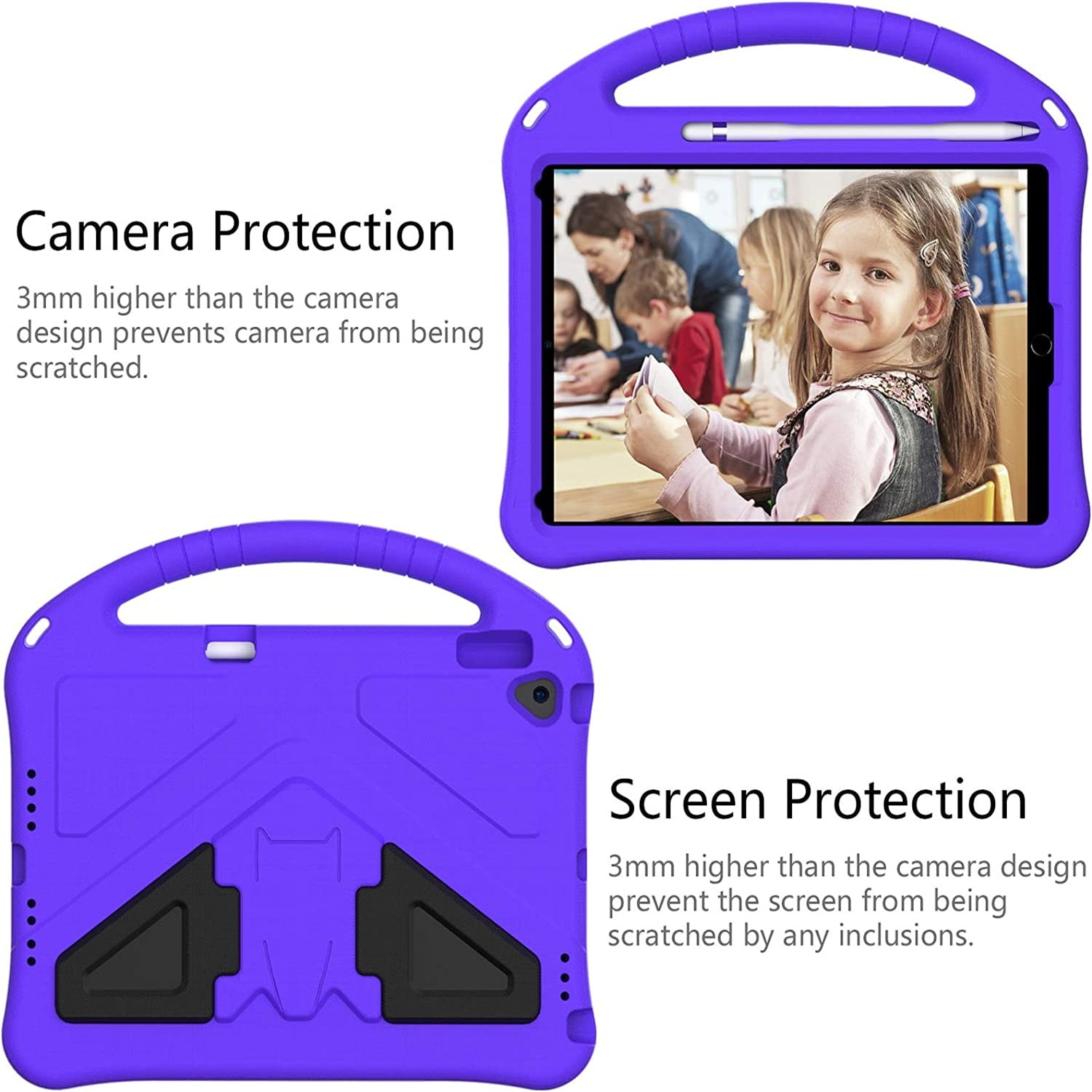 Allytechgroup Kids Case for iPad 9th/8th/7th Generation iPad 10.2 inch 2021/2020/2019 with Kickstand/Handle Stand/Pencil Holder [Screen Protector] Shockproof Cover for Boy Girl Children, Purple