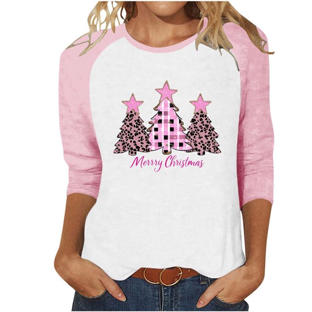 LckLvx Chandails de Noël pour Femmes Col Rond Manches 3/4 Raglan Hauts Mignons Graphiques Décontractés T-Shirts