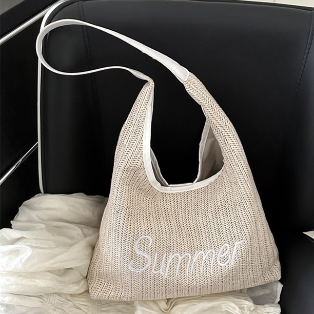 Bolso de playa para mujer, bolso de mano tejido a la moda de paja para vacaciones de verano (blanco)