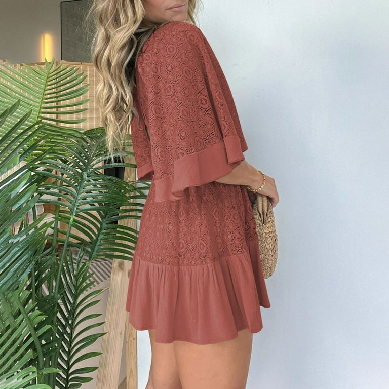 Leesechin Women's Boho Floral Mini Dress Deep V-Neck Lace Ruffle A-Line Smocked Waist Summer Beach Dresses - Walmart.com Leesechin Women's Boho Floral Mini Dress Deep V-Neck Lace Ruffle A-Line Smocked Waist Summer Beach Dresses - Walmart.com