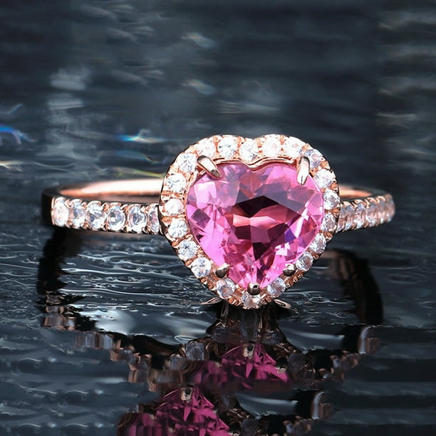 IKemiter Natural Pink Heart Shaped Love Ring Rose Gold Plated Live Pink Diamond Ring Elegant and Beautiful