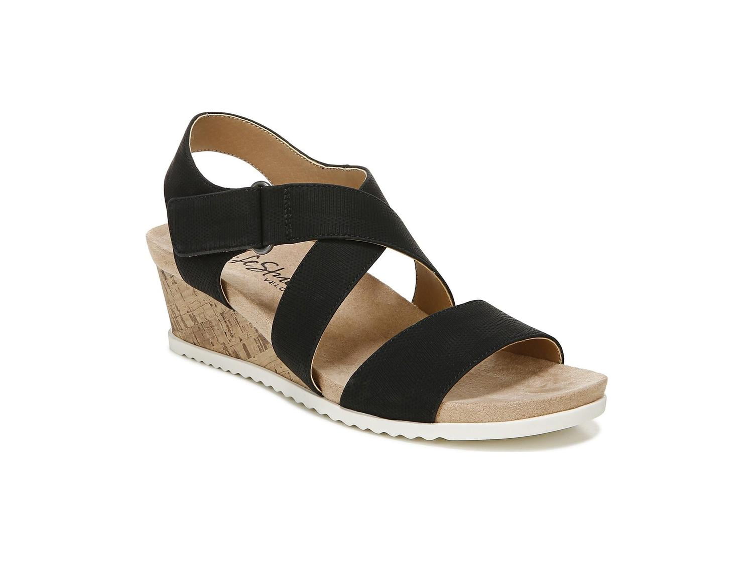 ladies black leather wedge sandals